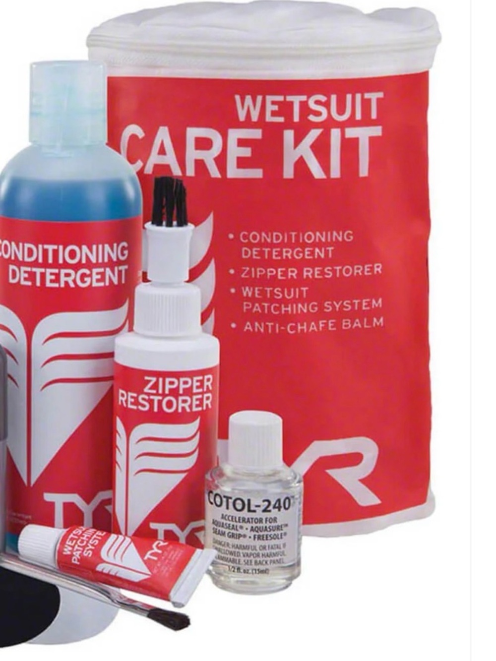 TYR Red Wetsuit Care Kit with Conditioner, Zipper Restorer, Patch Kit